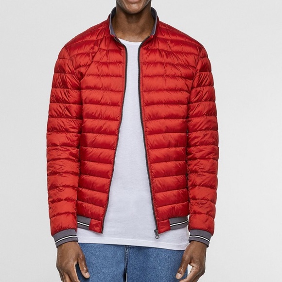Red Puffer Jacket Wgray Trim 